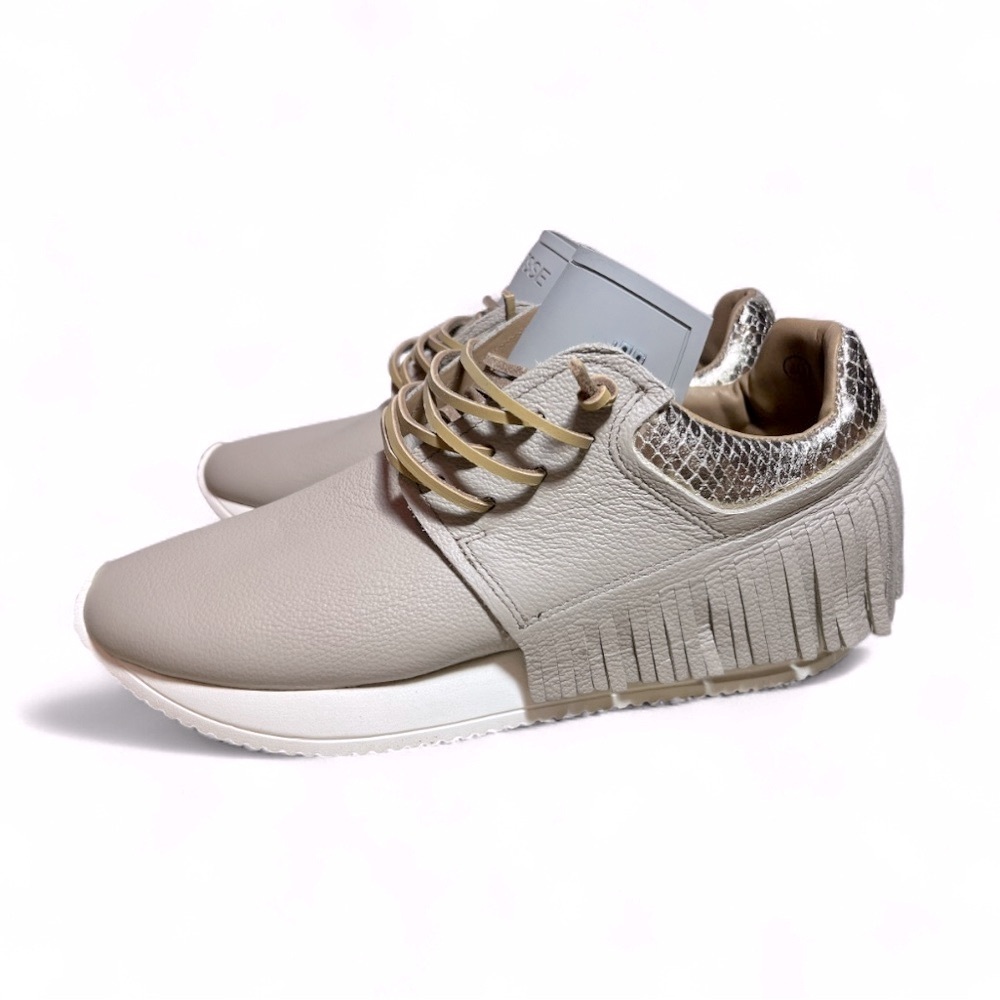Women's Beige Fringe Leather Sneakers - Casual Chic - Picture 8 of 15